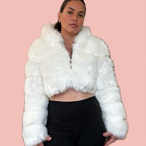 Faux Fur Cropped Hooded Jacket – Soft White, Luxe Look